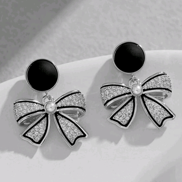 #130. Rhinestone Bow Drop Earrings - Picture 1 of 3